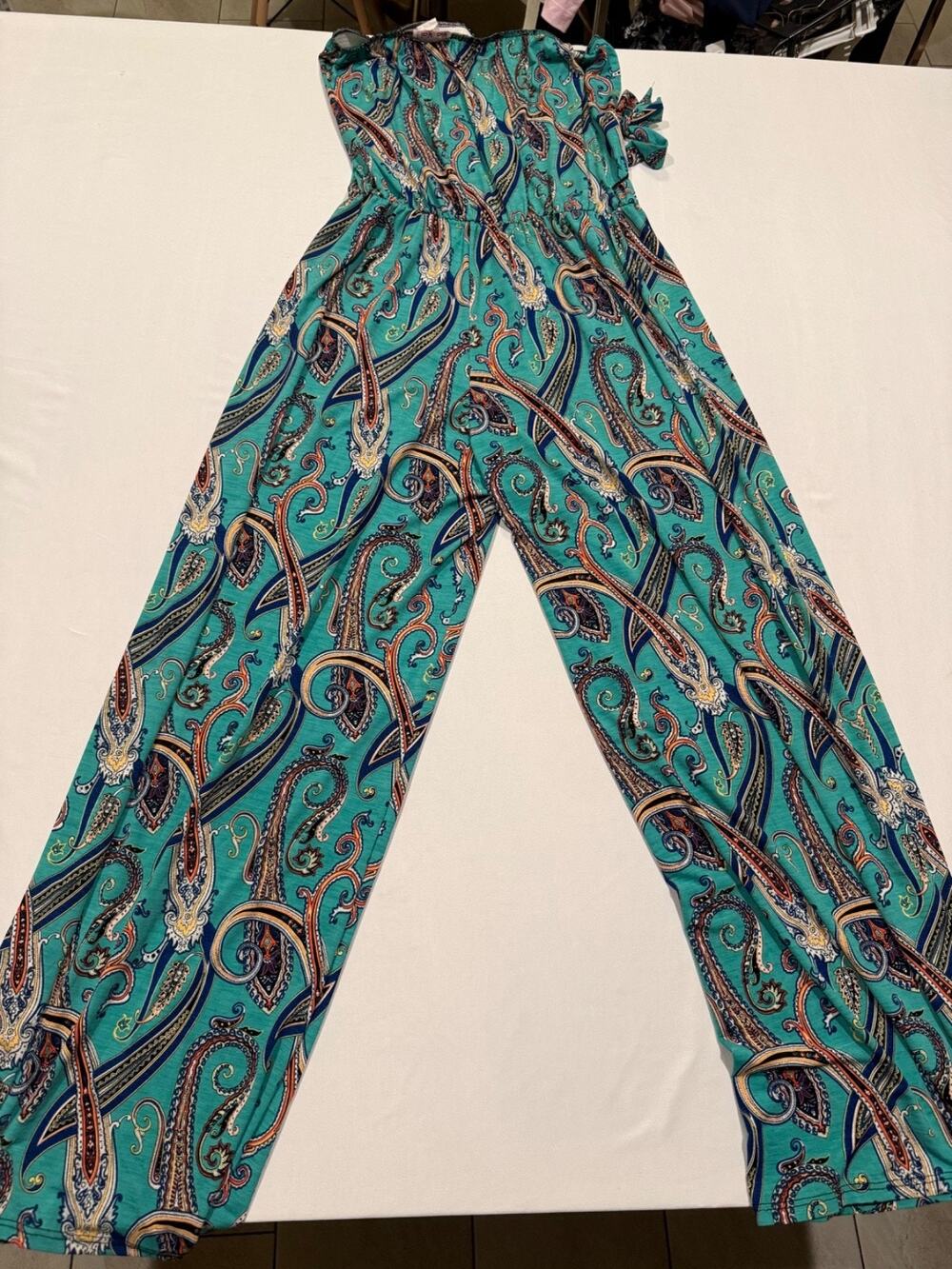 Via Vai USA Women’s Strapless Paisley Jumpsuit Wide Leg Teal Boho Size M